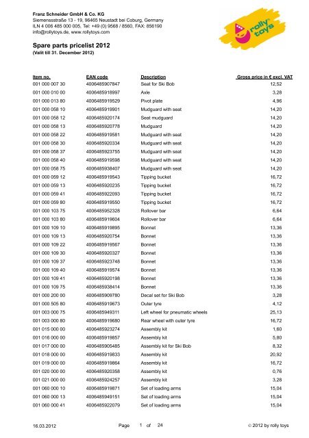 Spare parts pricelist 2012 - Rolly Toys