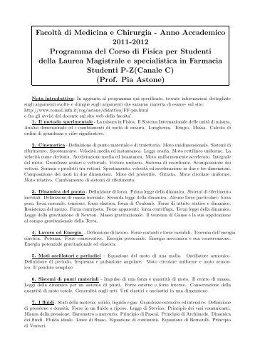 Programma del corso a.a. 2011/2012 - INFN Sezione di Roma