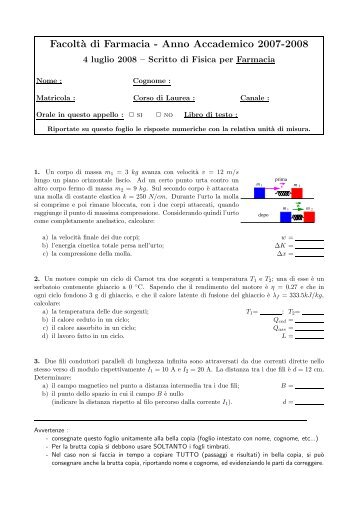 Testo e soluzioni compito mattina del 04/07/08 - INFN Sezione di ...