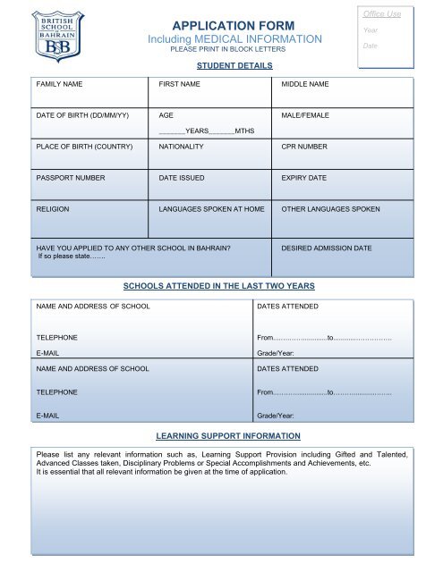 APPLICATION FORM - The British School of Bahrain