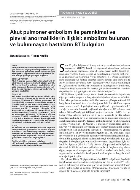 Akut pulmoner embolizm ile parankimal ve plevral anormalliklerin ...