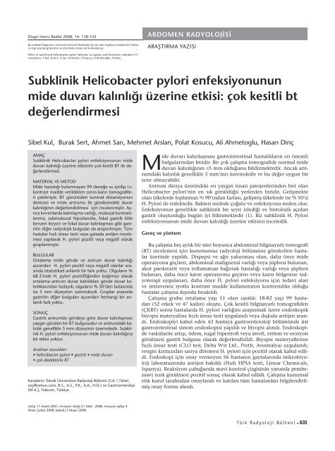 Subklinik Helicobacter pylori enfeksiyonunun mide duvarÄ±