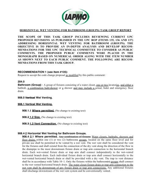 Horizontal Wet Venting For Bathroom Groups Task Group Iapmo