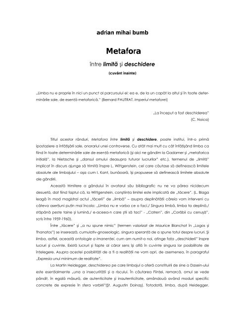 Metafora intre limita si deschidere - Wiki Romanian Philosophy