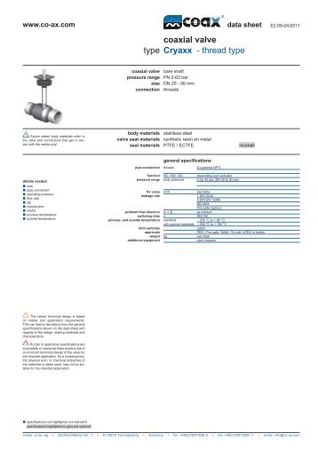 type - thread type coaxial valve Cryaxx - Rom Devices
