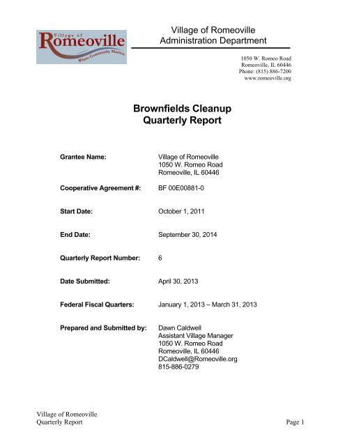 Brownfields Cleanup Quarterly Report - Village of Romeoville