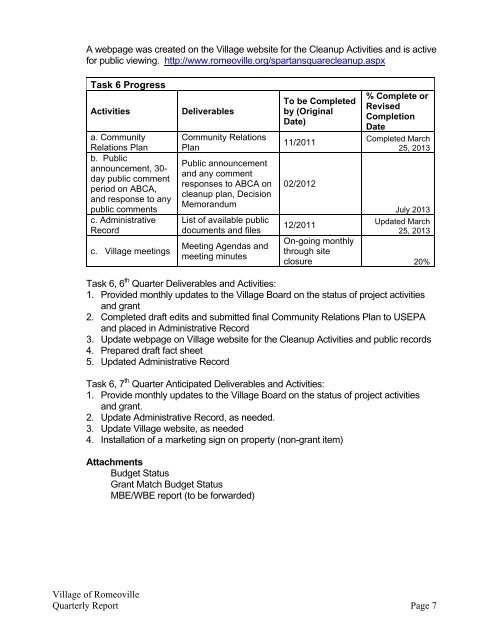 Brownfields Cleanup Quarterly Report - Village of Romeoville