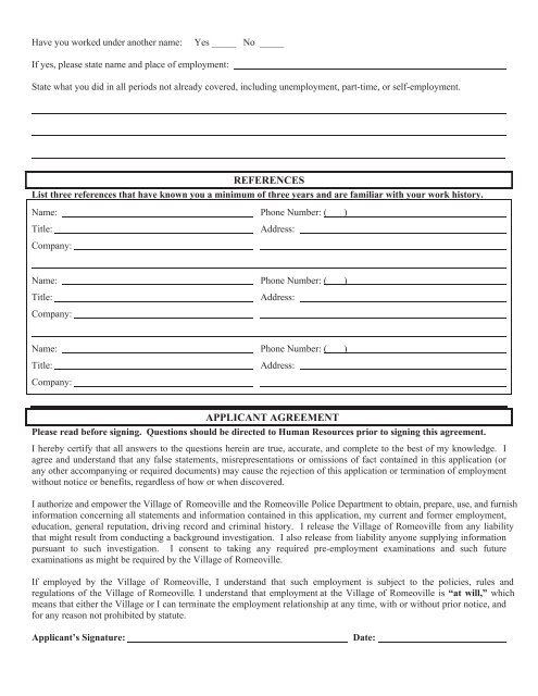 APPLICATION FOR EMPLOYMENT - Village of Romeoville