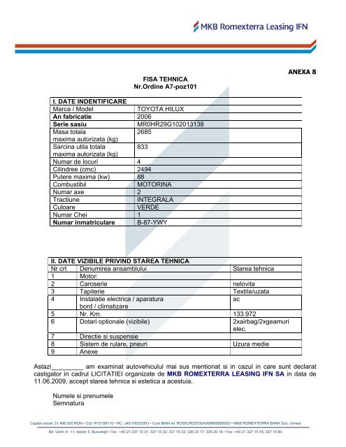 Specificatii tehnice - Romexterra Leasing IFN S.A.