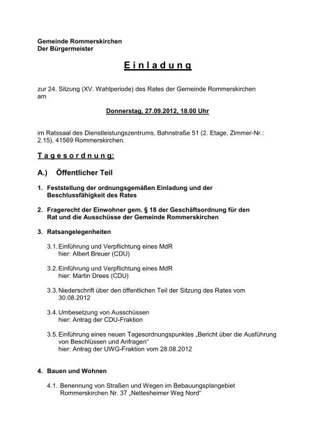 Einladung Ratssitzung am 27.09.2012 - Rommerskirchen