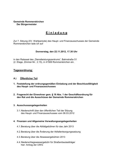Einladung Haupt- und Finanzausschuss am ... - Rommerskirchen