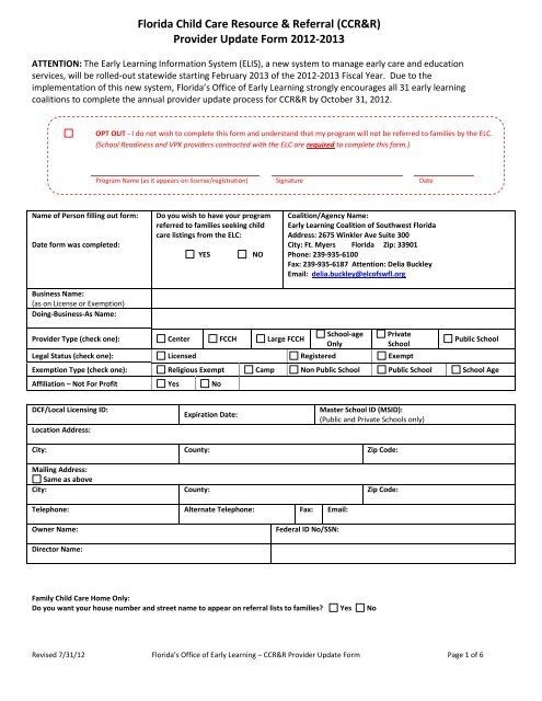 Provider Update Form - Early Learning Coalition of Southwest Florida