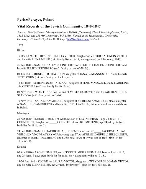 Pyritz/Pyrzyce, Poland Vital Records of the Jewish ... - RootsWeb