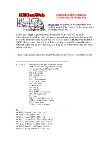 Franklin County, Nebraska O Surname Obit Index File O - RootsWeb