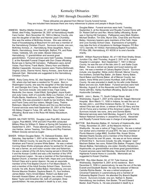 Kentucky Obituaries July 2001 through December 2001 - RootsWeb