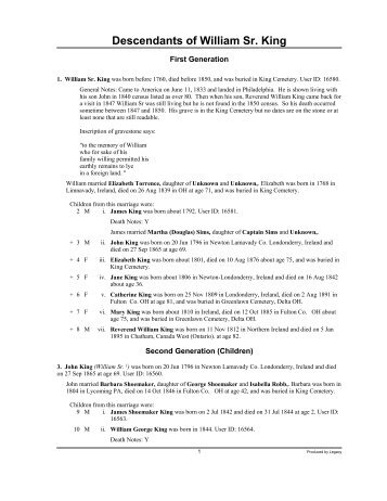 KING Family Descendant Register Report - RootsWeb