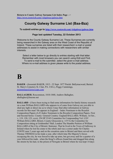 County Galway Surname List (Baa-Bzz) - RootsWeb