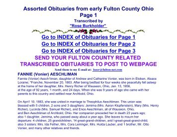 Assorted Obituaries from early Fulton County Ohio Page ... - RootsWeb