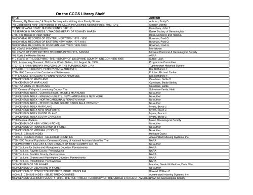 On the CCGS Library Shelf - RootsWeb - Ancestry.com