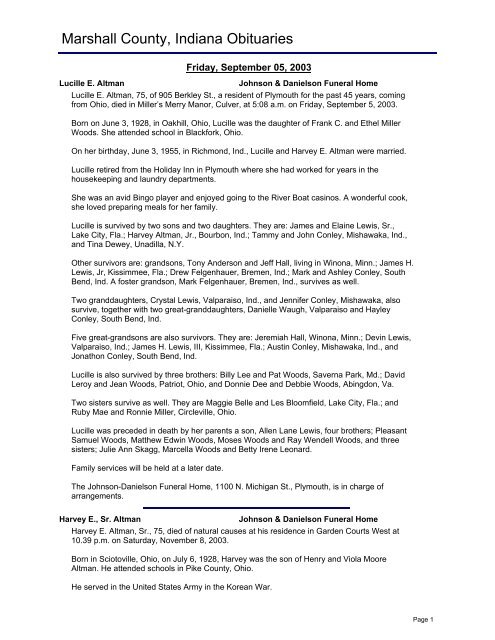 Marshall County Indiana Obituaries Rootsweb
