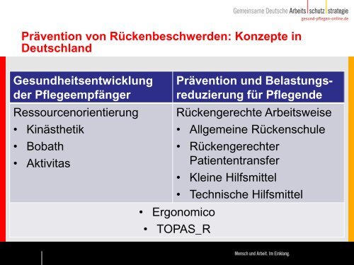 Arbeitsprogramm Sicherheit und Gesundheitsschutz bei der Pflege