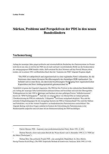 StÃ¤rken, Probleme und Perspektiven der PDS in den neuen ...
