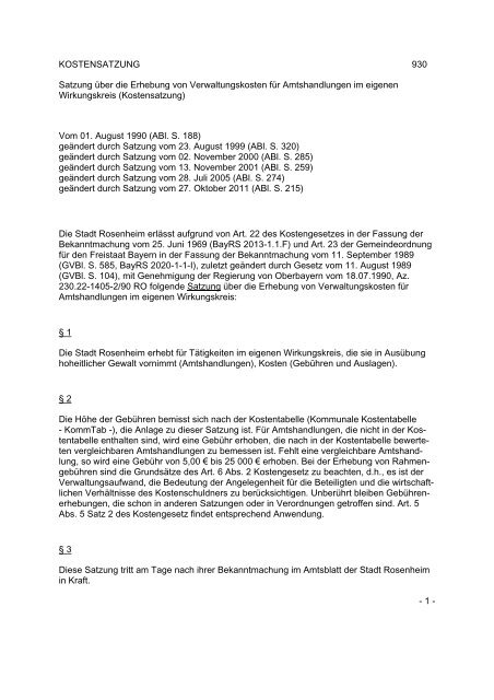 KOSTENSATZUNG 930 Satzung über die ... - Stadt Rosenheim