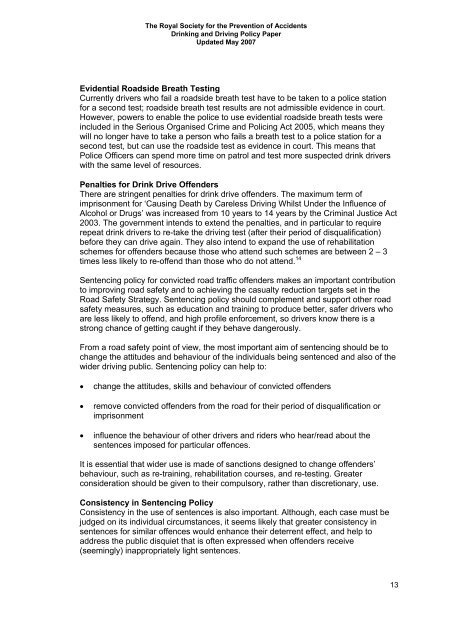 RoSPA Drinking and Driving Policy Paper 2007