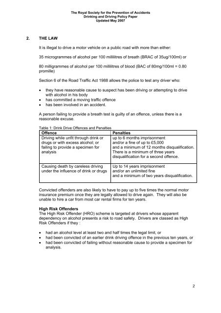 RoSPA Drinking and Driving Policy Paper 2007