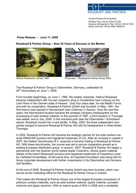 Press Release â June 17, 2009 Rosskopf & Partner Group â Now 25 ...