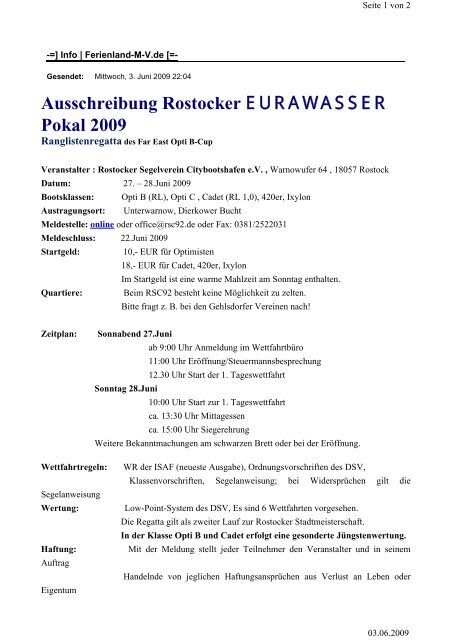 Ausschreibung Rostocker EURAWASSER Pokal ... - Rostock-Sport.de