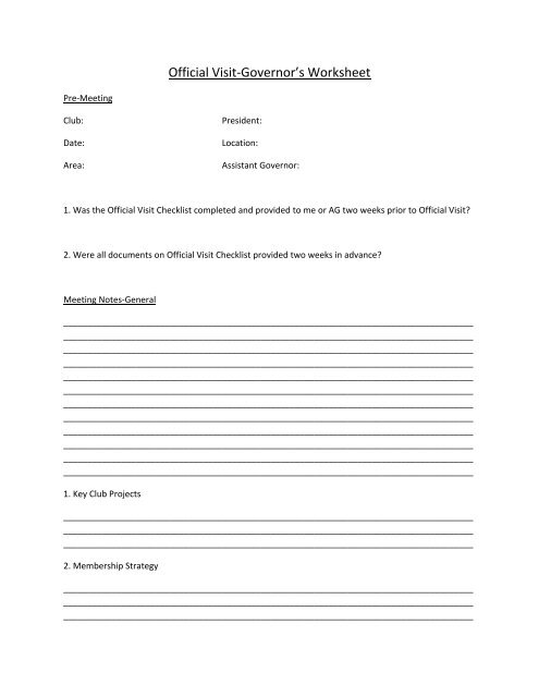 Official Visit-Governor's Worksheet - Rotary District 6400