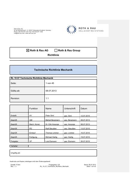 Technische Richtlinie Mechanik - Roth & Rau AG