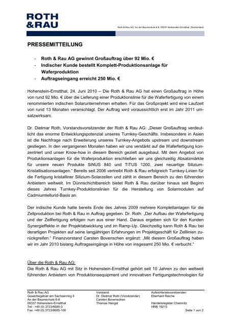 Pressemitteilung Roth Rau Ag