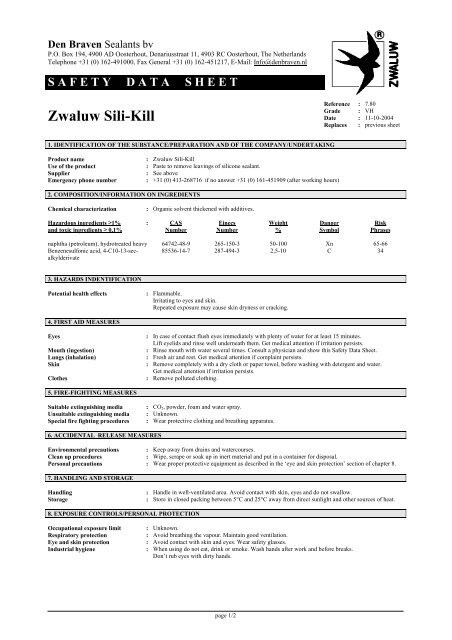 SAFETY DATA SHEET Zwaluw Sili-Kill - Den Braven