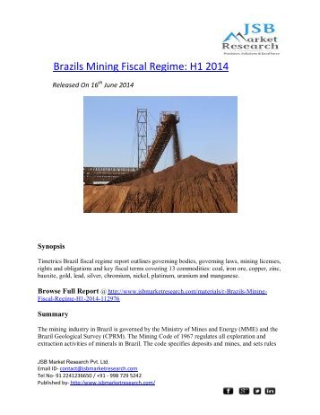 JSB Market Research : Brazils Mining Fiscal Regime: H1 2014
