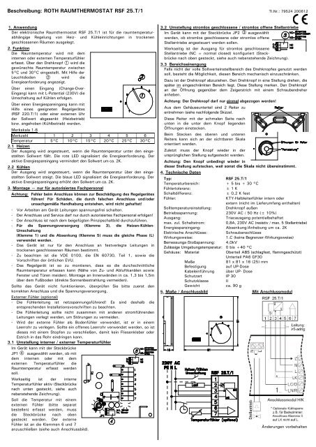 Beschreibung: ROTH RAUMTHERMOSTAT RSF 25.T/1 - Roth Werke