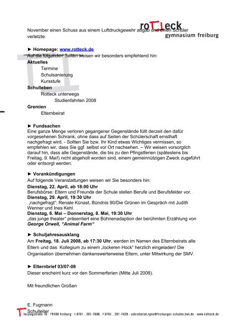 An die Eltern Freiburg, 7. April 2008 Elternbrief Nr. 2/07-08 Sehr ...