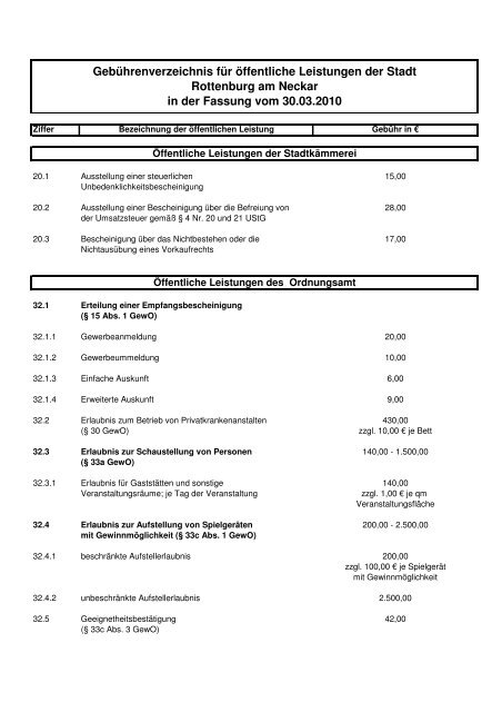 Verwaltungsgebührensatzung in der Fassung vom 30.03.2010