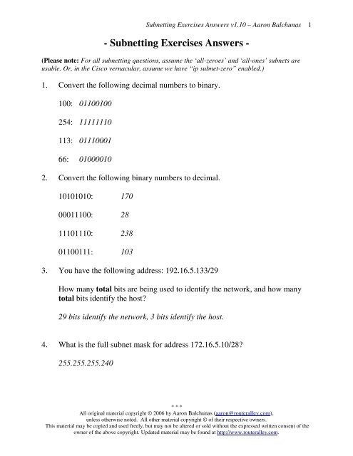 Subnetting Exercises Answers - Router Alley