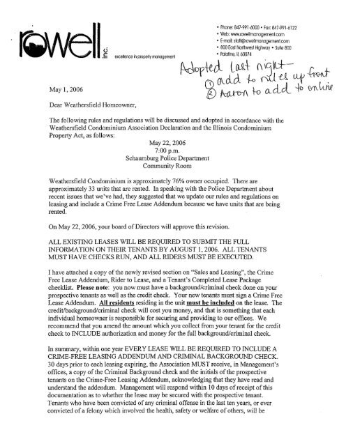 Rental Rules, Addendum, and Lease Rider - Rowell, Inc.