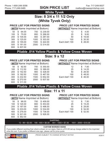 Posted Sign Price List - Rowe's Print Shop