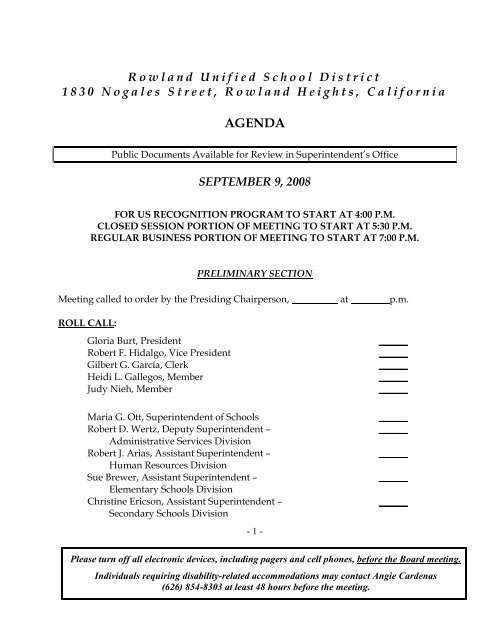 09-09-08 Board Mtg Agenda - Rowland Unified School District