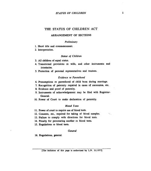 The Status of Children's Act - 1976