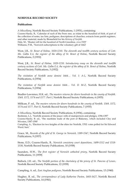 NORFOLK RECORD SOCIETY Publications - Royal Historical Society
