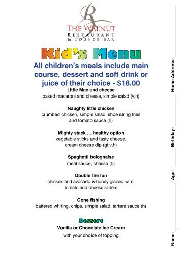 Kid's Menu - Royal On The Park Hotel