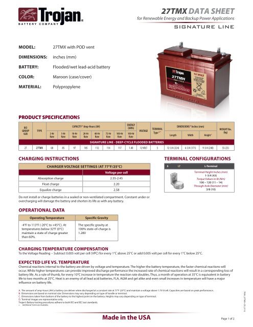 27TMX daTa sheeT Trojan Battery Company
