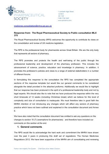 Consultation response: The Royal Pharmaceutical Society to Public ...