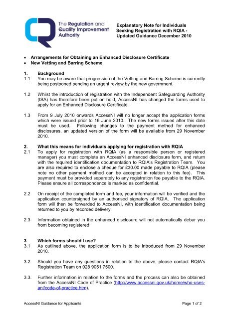 Explanatory Note for Individuals Seeking Registration with RQIA