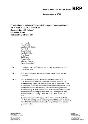 Protokoll LV Sitzung 19.02.2011 - Rentnerinnen- und Rentner Partei ...